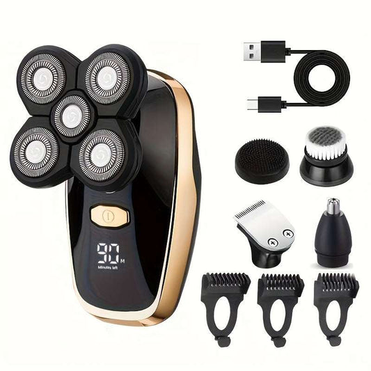 Five-Blade Cordless Electric Razor with five grooming attachments and USB charging cable in gold and black design