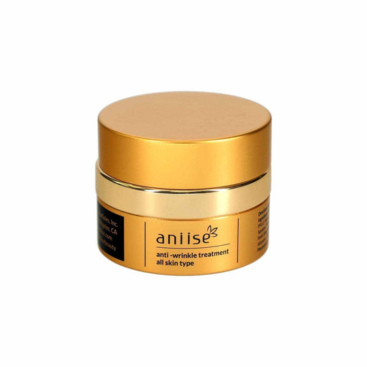 golden jar of Aniise anti-wrinkle treatment cream for face and neck suitable for all skin types