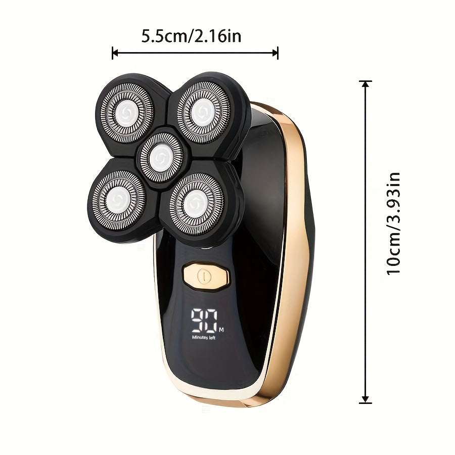 Five-Blade Cordless Electric Razor with LED display and USB rechargeable battery, gold and black compact design, 5.5cm x 10cm.