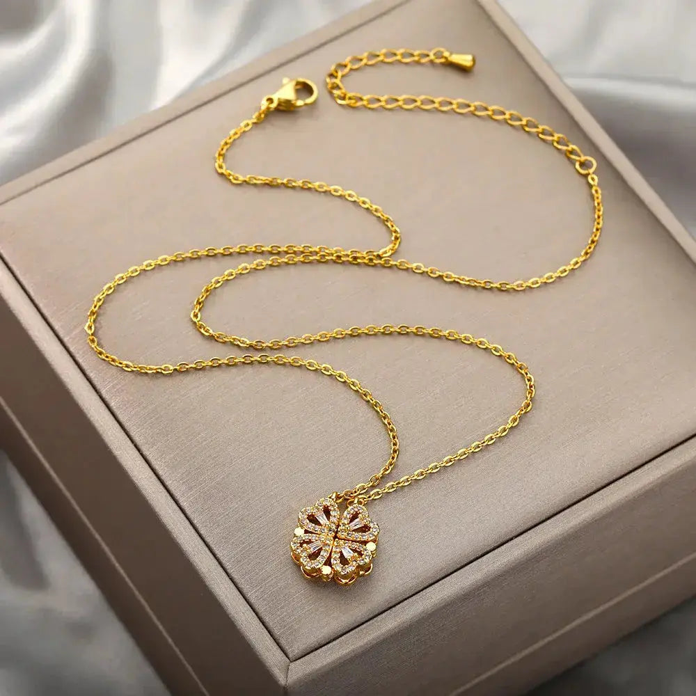 Magnet Heart Four Leaf Clover Pendant Necklace BrightBox
