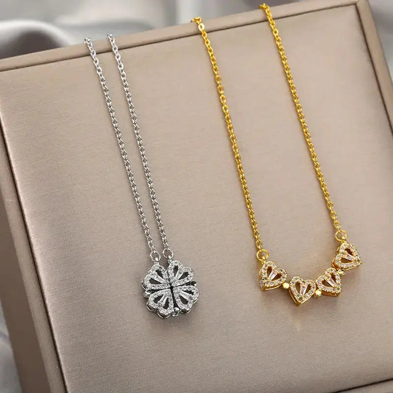 Magnet Heart Four Leaf Clover Pendant Necklace BrightBox